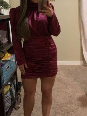 Boutique Ruched Long Sleeve Satin Dress in Deep Berry